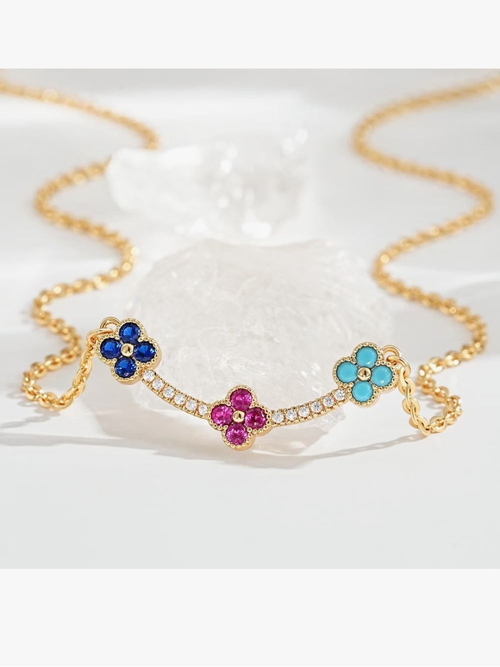 Clover Flower Necklace Micro Pave Blue, Pink Turquoise Accents